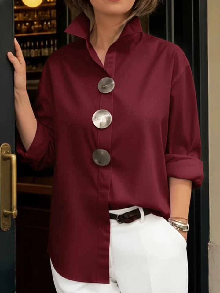 Elegant Stand-collar Metal Buttons Cotton Linen Blouse